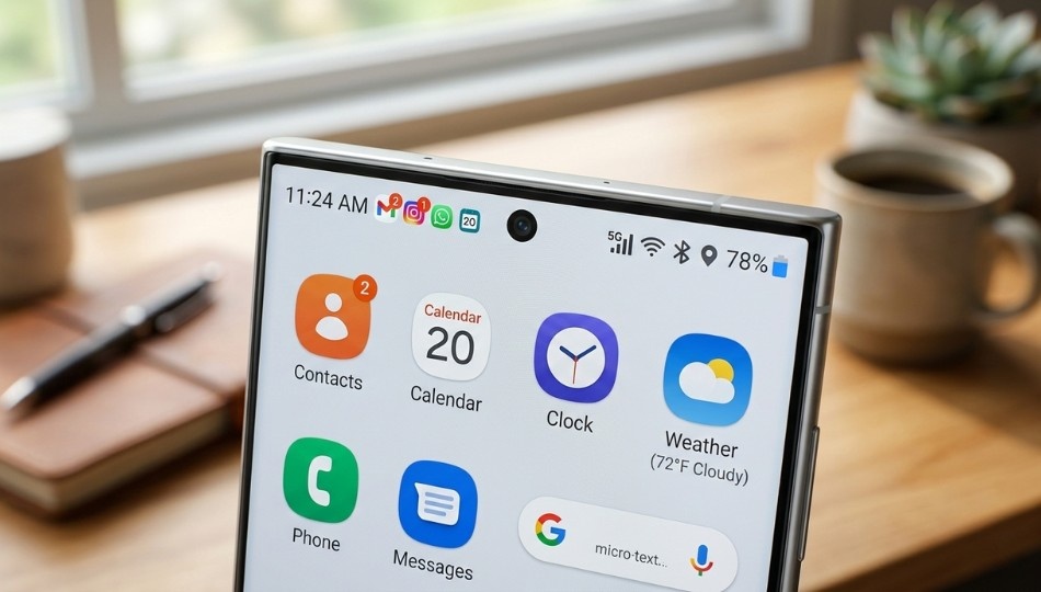 Samsung Galaxy status bar showing 5G, Wi Fi, battery, Bluetooth and location icons in One UI interface