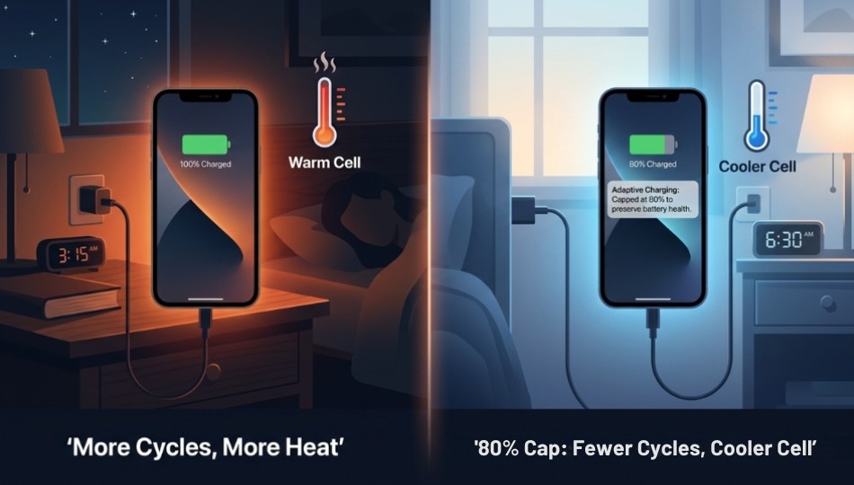 Split-screen editorial illustration. Left side 100percentage and right side 80 percentage