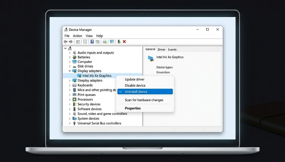 'Windows 11 Device Manager showing Intel display adapter uninstall option for Dell laptop GPU driver reinstall fix