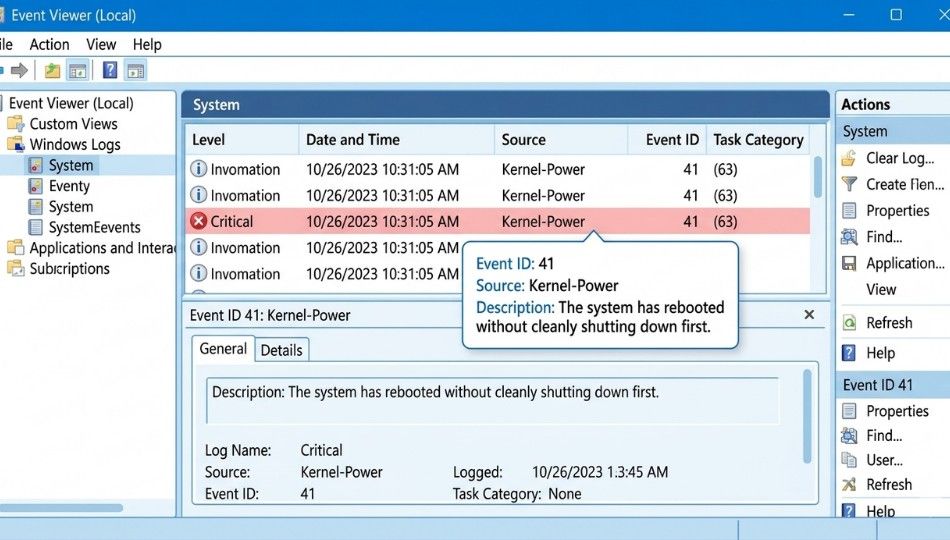 Windows Event Viewer showing a Critical error in the System log used for PC troubleshooting diagnosis