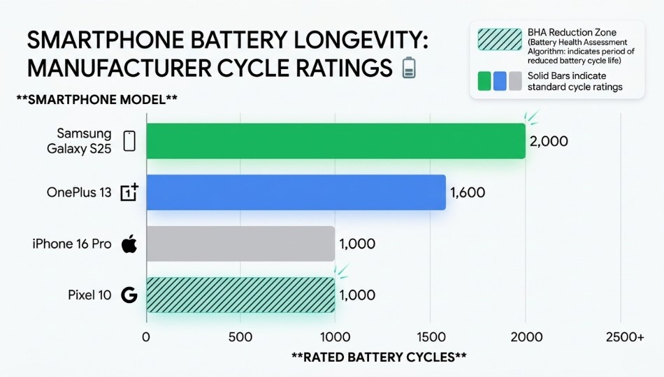bar chart comparing smartphone battery cycle ratings