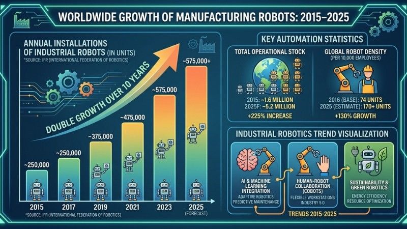 global manufacturing robot installations growth chart 2015 to 2025
