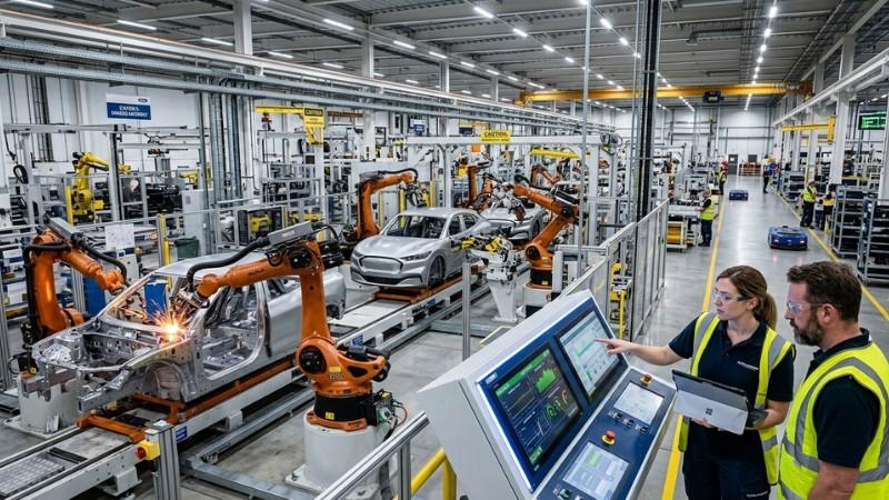 industrial robotic arms assembling automotive parts in a smart manufacturing factory