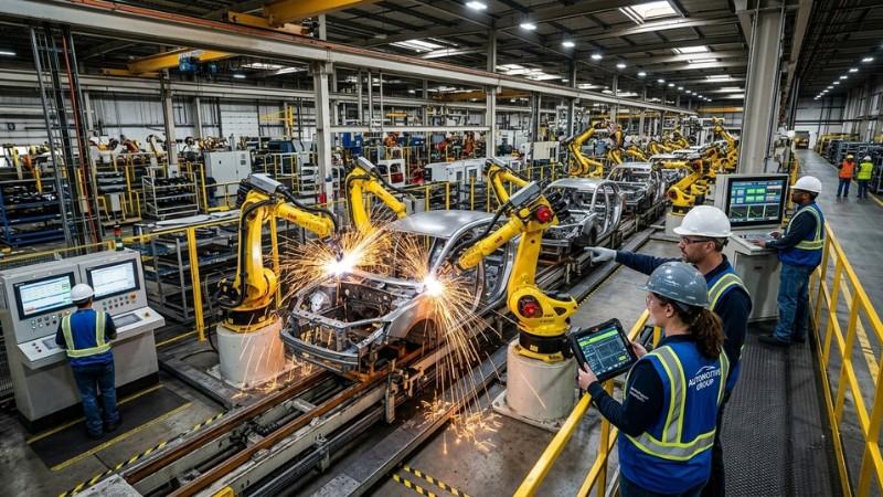 robotic welding arms assembling car frames in automated automotive factory